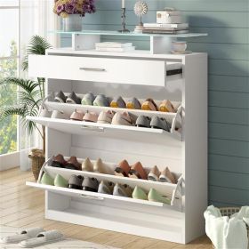 [VIDEO provided] Slim Entryway Organizer with 2 Flip Drawers, Tempered Glass Top Shoe Storage Cabinet with Drawer, Free Standing Shoe Rack with LED Li