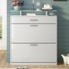 [VIDEO provided] Slim Entryway Organizer with 2 Flip Drawers, Tempered Glass Top Shoe Storage Cabinet with Drawer, Free Standing Shoe Rack with LED Li