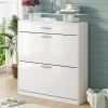 [VIDEO provided] Slim Entryway Organizer with 2 Flip Drawers, Tempered Glass Top Shoe Storage Cabinet with Drawer, Free Standing Shoe Rack with LED Li
